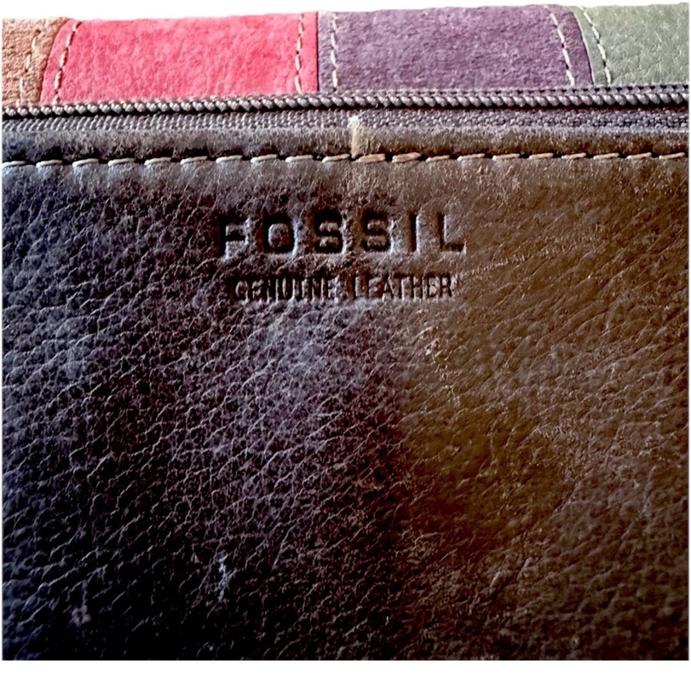 FOSSIL Vintage Multicolor Patchwork Leather Striped Organizer Wallet Brown - Picture 3 of 9